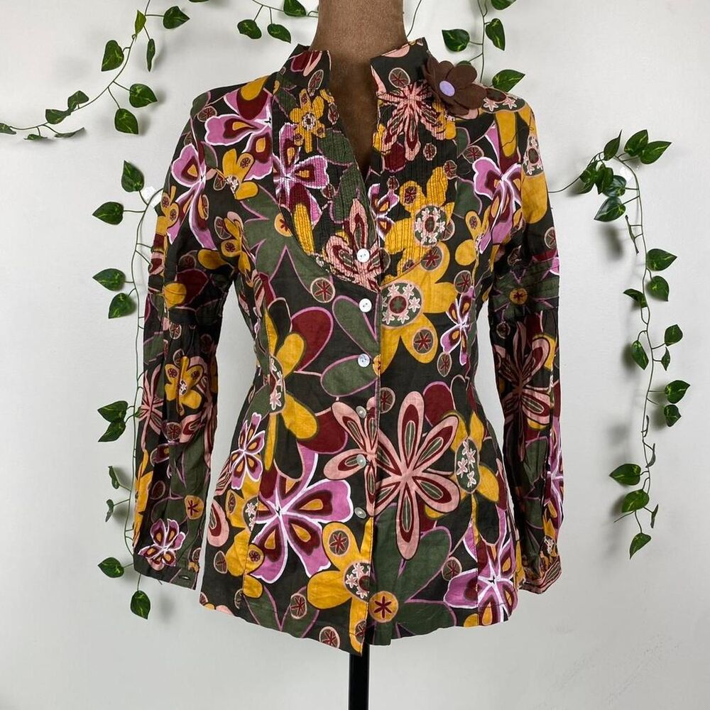 80s 90s hippie blouse 100% cotton Vintage inspired v-neck button up long sleeve